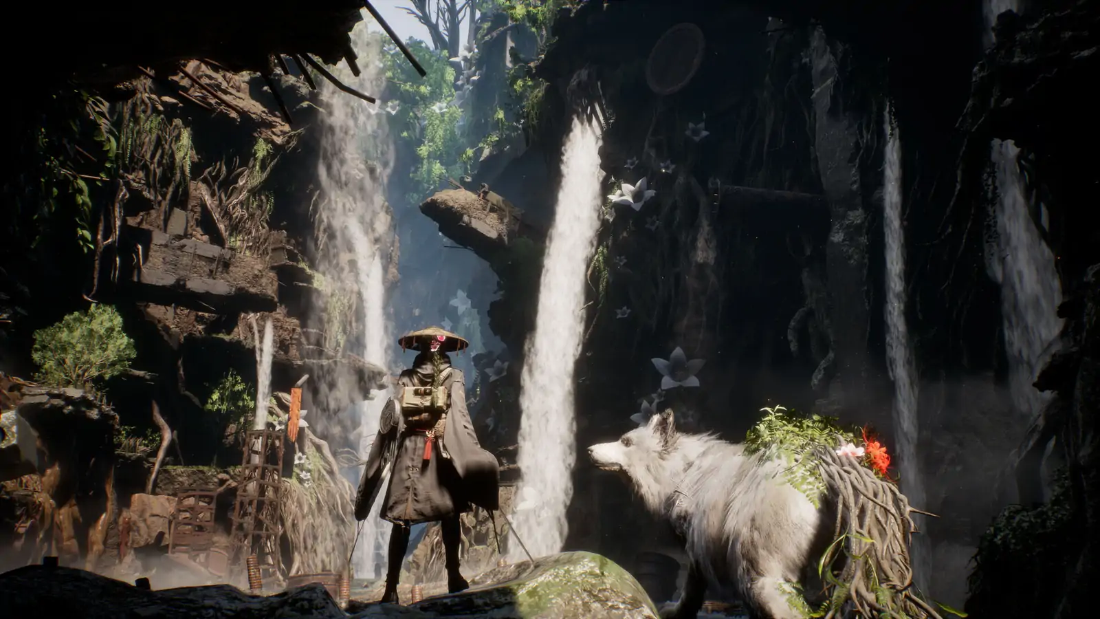 Emma and Koo traveling through a water-carved landscape in Beast of Reincarnation promotional imagery