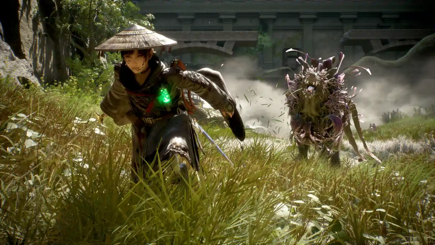 Emma in a combat stance against a creature in Beast of Reincarnation promotional imagery