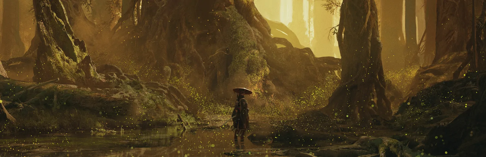 Wide official Beast of Reincarnation key art of Emma standing in a shallow stream inside a towering golden forest