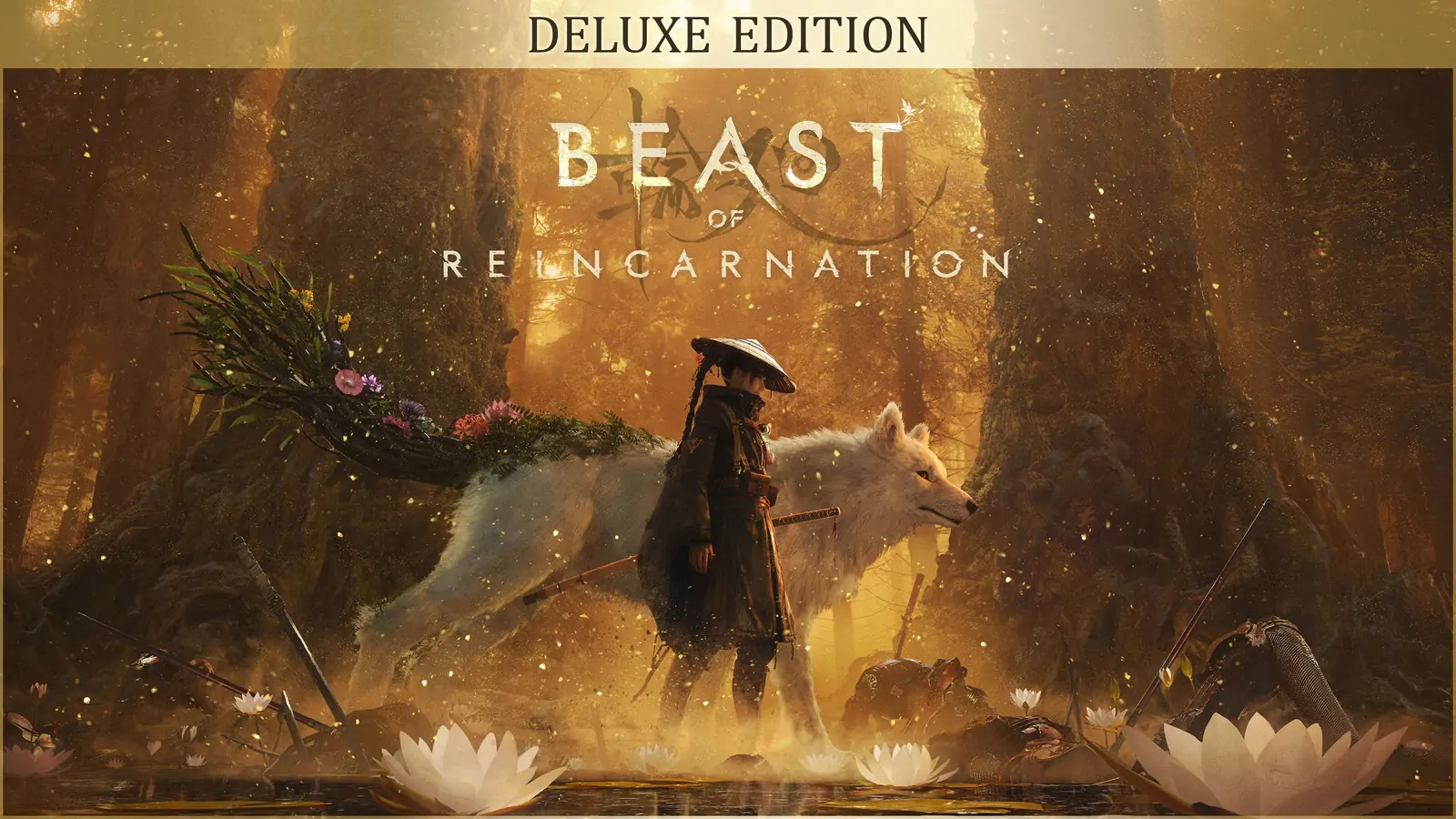 Official Beast of Reincarnation key art: Emma and Koo walking through a golden sunlit forest with white lotus flowers in the water