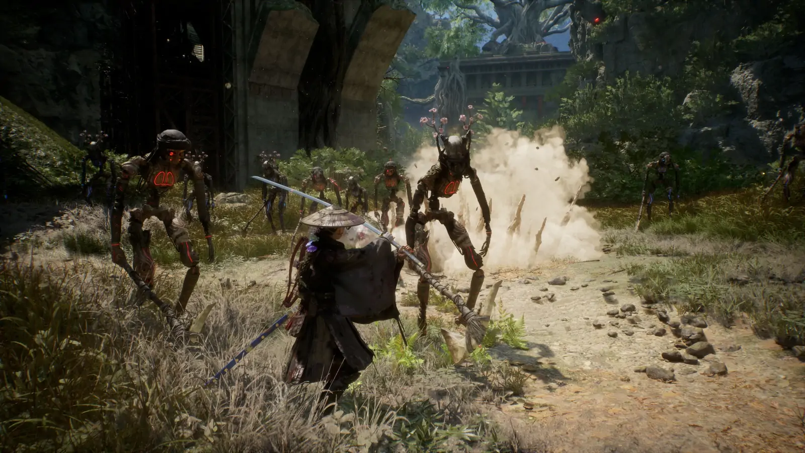 Emma surrounded by eight or more spindly machine enemies with glowing red markings in a ruined overgrown clearing in Beast of Reincarnation